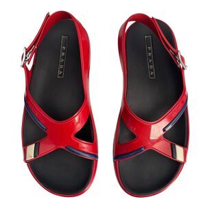 Prada Sandals Mens Size 8 Red Rubber Strap Buckle Flat Shoes 4X3092
